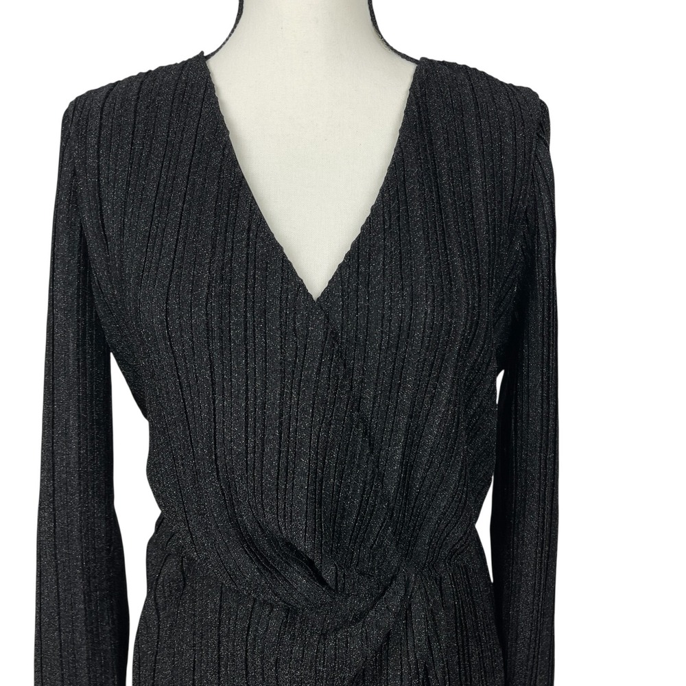 Steve Madden Metallic Crinkle Dress Large Black Shimmer Knot Front Long Sleeve - Picture 3 of 14